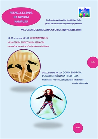 Poziv na radionicu  „Upoznavanje s hrvatskim znakovnim jezikom“ i predavanje „Down sindrom: pogled stručnjaka i roditelja“
