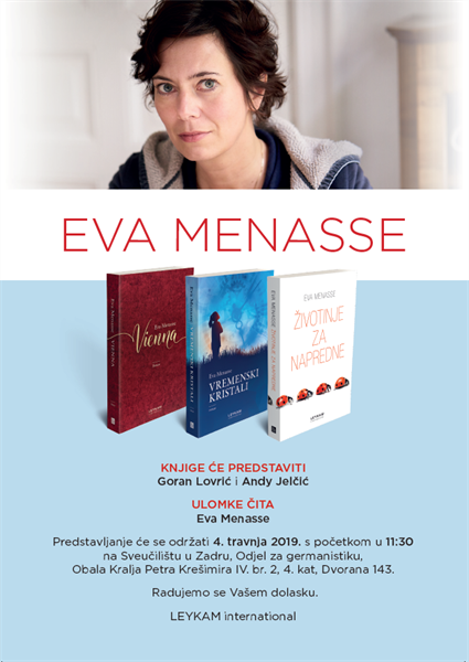 Poziv na predstavljanje prijevoda romana „Vienna“, „Vremenski kristali“ i „Životinje za napredne“ austrijske književnice Eve Menasse