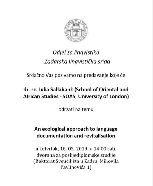 Lingvistička srida: predavanje dr. sc. Julije Sallabank na temu „An ecological approach to language documentation and revitalisation“