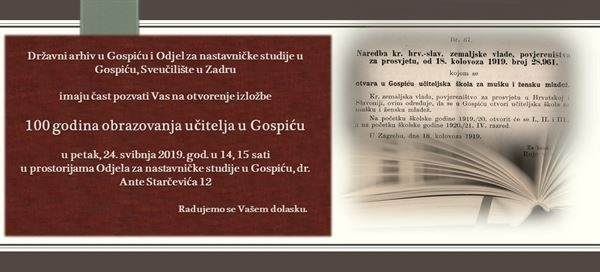Poziv na otvorenje izložbe „100 godina obrazovanja učitelja u Gospiću"