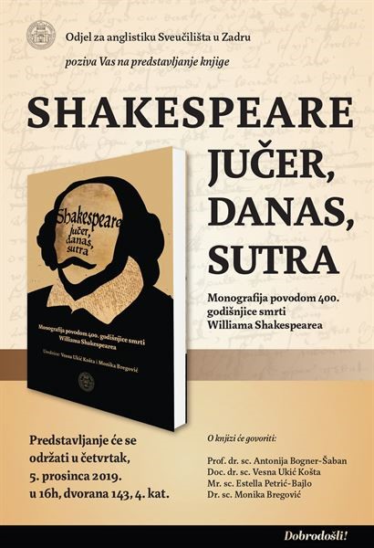 Poziv na predstavljanje knjige 'Shakespeare jučer, danas, sutra'