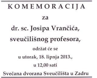 Komemoracija za prof. dr. sc. Josipa Vrančića