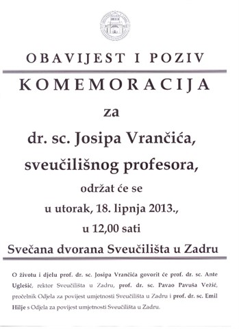 Komemoracija za prof. dr. sc. Josipa Vrančića