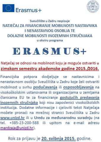 ERASMUS+ natječaj za financiranje mobilnosti nastavnika i nenastavnog osoblja te dolazne mobilnosti inozemnih stručnjaka 