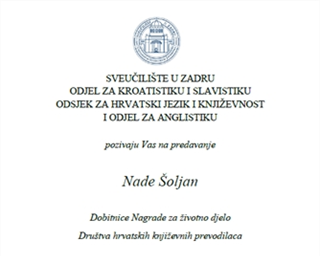 Poziv na predavanje Nade Šoljan "ŽIVOT U SJENI" (o književnom prevođenju)