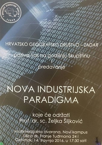 Poziv na godišnju skupštinu Hrvatskoga geografskog društva – Zadar i predavanje "Nova industrijska paradigma"