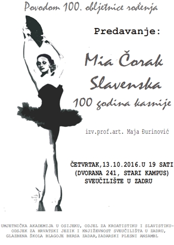 Poziv na predavanje „Mia Čorak Slavenska - 100 godina kasnije“