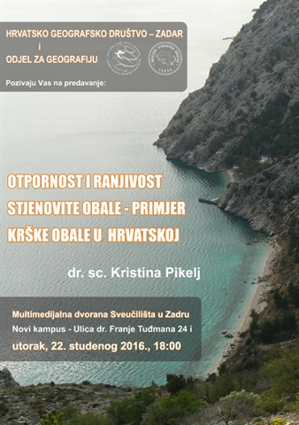 Poziv na predavanje "Otpornost i ranjivost stjenovite obale – primjer krške obale u Hrvatskoj" 