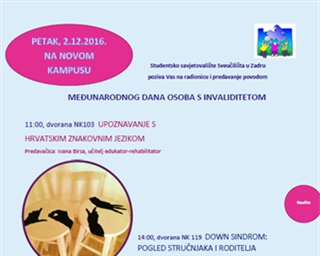 Poziv na radionicu  „Upoznavanje s hrvatskim znakovnim jezikom“ i predavanje „Down sindrom: pogled stručnjaka i roditelja“