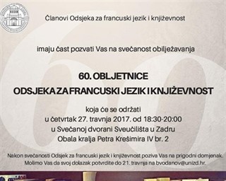 Svečanost obilježavanja 60. godišnjice Odsjeka za francuski jezik i književnost Sveučilišta u Zadru