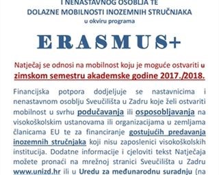 Erasmus+ Natječaj za financiranje mobilnosti nastavnika i nenastavnog osoblja – 3. 5. 2017.