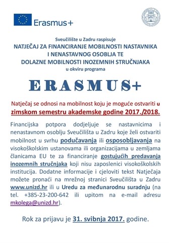 Erasmus+ Natječaj za financiranje mobilnosti nastavnika i nenastavnog osoblja – 3. 5. 2017.