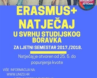 Produljen Erasmus+ Natječaj za studentsku mobilnost u svrhu studijskog boravka - 25.05.2017.