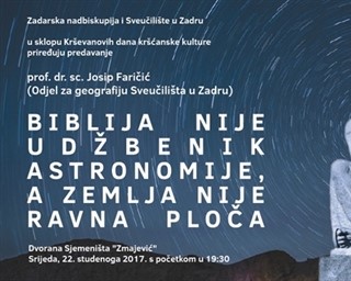 Poziv na predavanje prof. dr. sc. Josipa Faričića „Biblija nije udžbenik astronomije, a Zemlja nije ravna ploča“