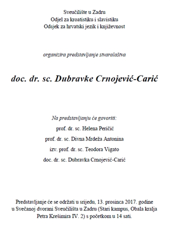 Predstavljanje teatrološkog rada doc. dr. sc. Dubravke Crnojević-Carić