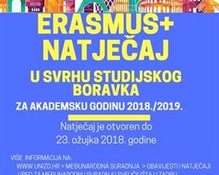 Natječaj za studentsku mobilnost u svrhu studijskoga boravka u okviru programa Erasmus+ za ak. god. 2018./2019.