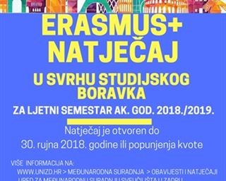 Natječaj za studentsku mobilnost u svrhu studijskoga boravka za ljetni semestar ak. god. 2018./2019. u okviru programa Erasmus+