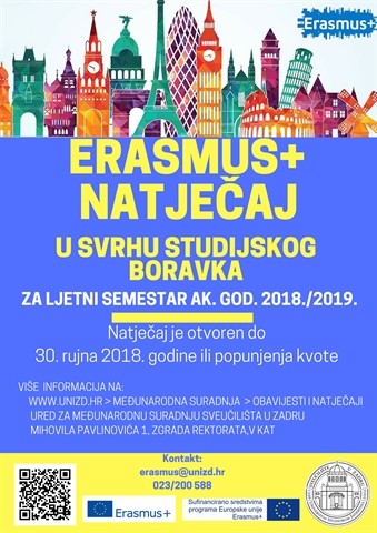Natječaj za studentsku mobilnost u svrhu studijskoga boravka za ljetni semestar ak. god. 2018./2019. u okviru programa Erasmus+