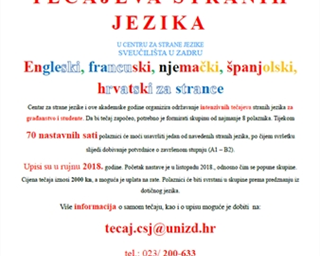 Obavijest o održavanju tečajeva stranih jezika u Centru za strane jezike Sveučilišta u Zadru