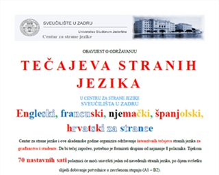 Obavijest o održavanju tečajeva stranih jezika u Centru za strane jezike Sveučilišta u Zadru