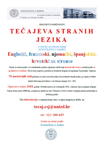 Obavijest o održavanju tečajeva stranih jezika u Centru za strane jezike Sveučilišta u Zadru