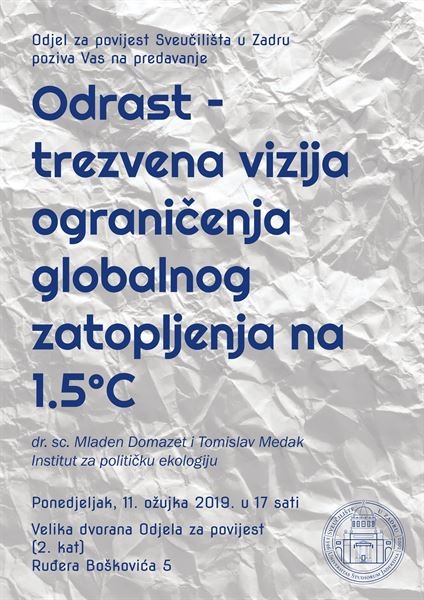 Poziv na predavanje „Odrast – trezvena vizija ograničenja globalnog zatopljenja na 1,5 °C“