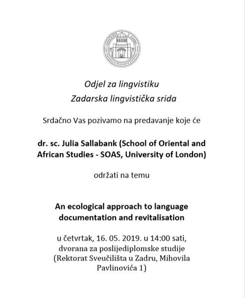 Lingvistička srida: predavanje dr. sc. Julije Sallabank na temu „An ecological approach to language documentation and revitalisation“