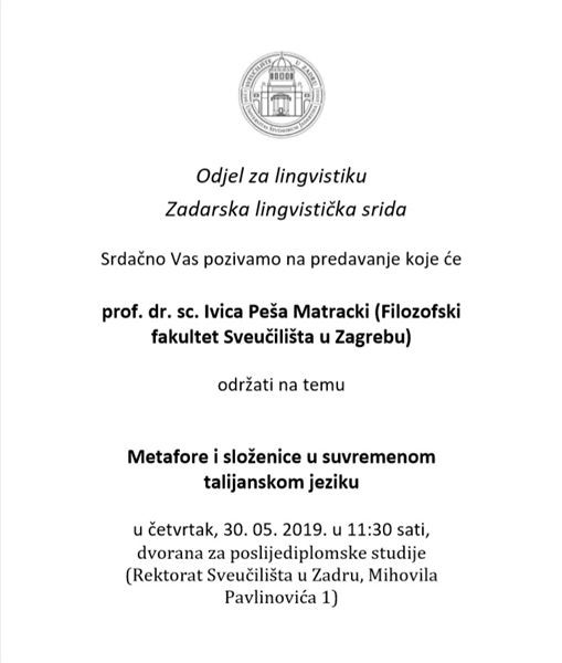 Lingvistička srida: predavanje „Metafore i složenice u suvremenom talijanskom jeziku“ prof. dr. sc. Ivice Peše Matracki