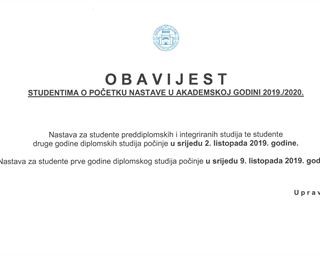 Obavijest studentima o početku nastave u akademskoj godini 2019./2020.