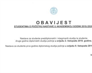 Obavijest studentima o početku nastave u akademskoj godini 2019./2020.