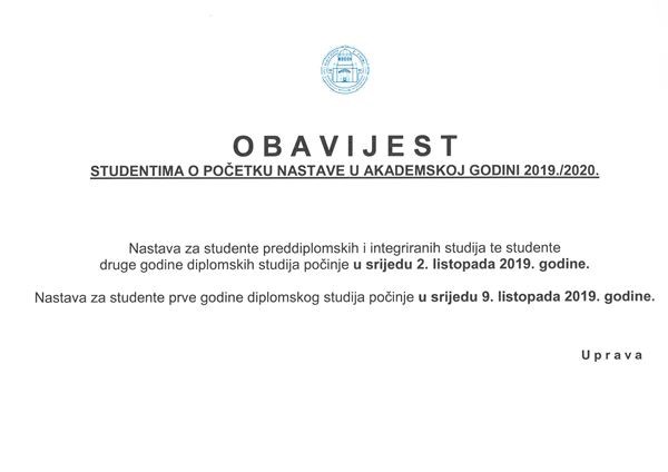 Obavijest studentima o početku nastave u akademskoj godini 2019./2020.