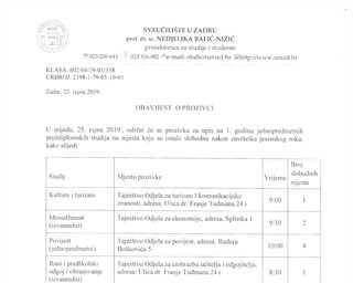 Obavijest o prozivci za upis na 1. godinu jednopredmetnih preddiplomskih studija na mjesta koja su ostala slobodna nakon zavrsetka jesenskog roka