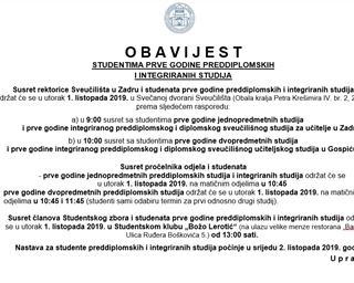 Obavijest studentima prve godine preddiplomskih i integriranih studija