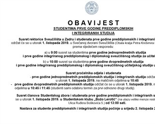 Obavijest studentima prve godine preddiplomskih i integriranih studija