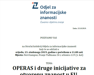 Stručni kolokvij Odjela za informacijske znanosti "OPERAS i druge inicijative za otvorenu znanost u EU"