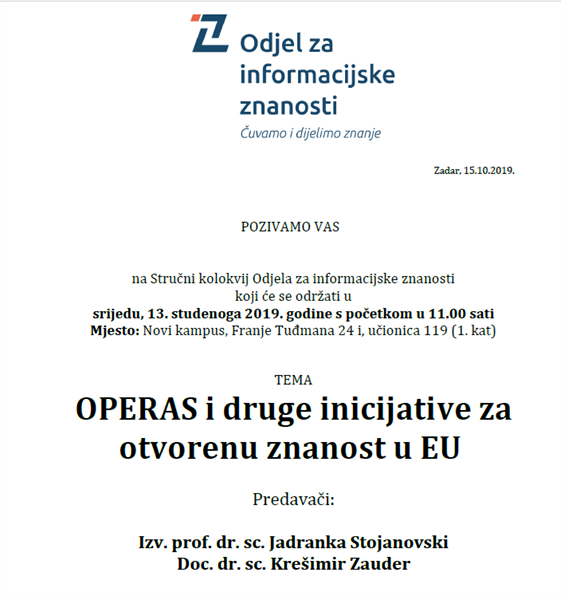 Stručni kolokvij Odjela za informacijske znanosti "OPERAS i druge inicijative za otvorenu znanost u EU"