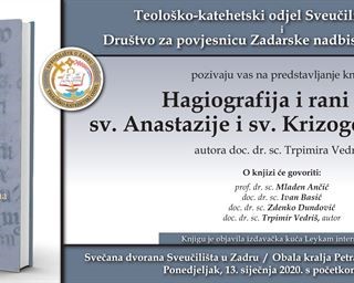 Poziv na predstavljanje knjige „Hagiografija i rani kult sv. Anastazije i sv. Krizogona u Zadru“