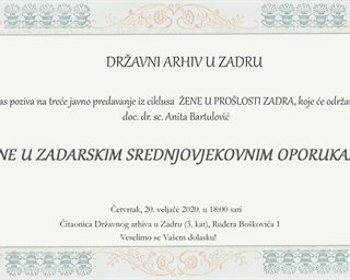 Javno izlaganje doc. dr. sc. Anite Bartulović "Žene u zadarskim srednjovjekovnim oporukama"