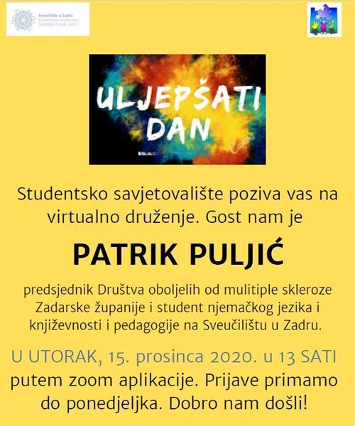 “Uljepšati dan” Patrik Puljić, razgovor s povodom u utorak 15. prosinca 2020. u 13 sati putem zoom aplikacije