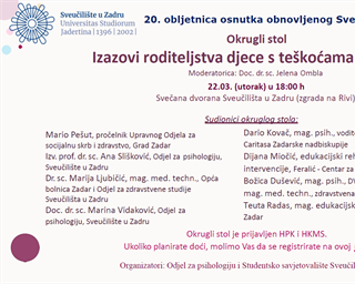 Poziv na Okrugli stol „Izazovi roditeljstva djece s teškoćama u razvoju“