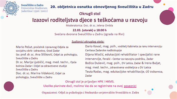 Poziv na Okrugli stol „Izazovi roditeljstva djece s teškoćama u razvoju“