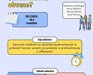 Radionica Studentskog savjetovališta - „Prokrastinacija - kako prestati odgađati (akademske) obveze?“