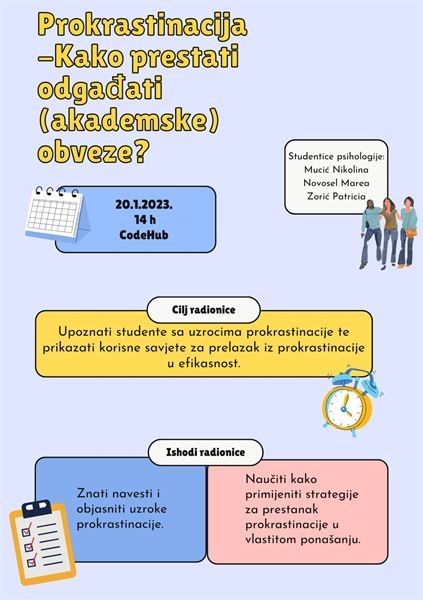 Radionica Studentskog savjetovališta - „Prokrastinacija - kako prestati odgađati (akademske) obveze?“