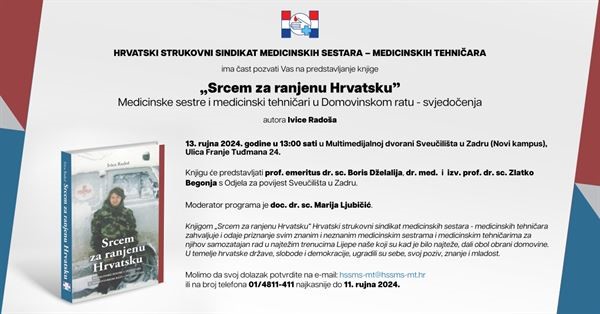 13. rujna predstavljanje knjige „Srcem za ranjenu Hrvatsku"