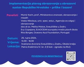 Poziv na panel raspravu „Implementacija plavog obrazovanja u obrazovni sustav Republike Hrvatske – prilike i izazovi“