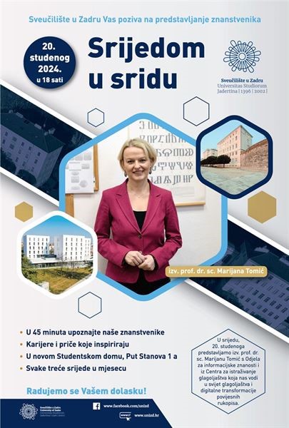 U ciklusu "Srijedom u sridu" 20. studenoga gostuje izv. prof. dr. sc. Marijana Tomić