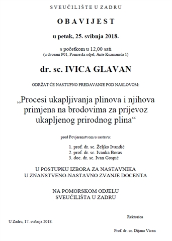 Nastupno predavanje - dr. sc. Ivica Glavan