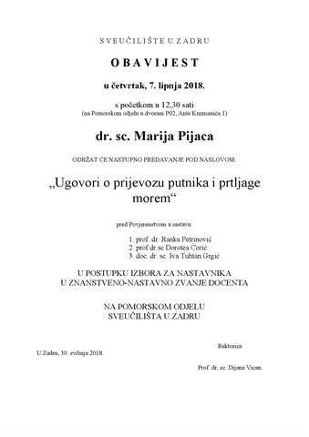 Nastupno predavanje - dr. sc. Marija Pijaca