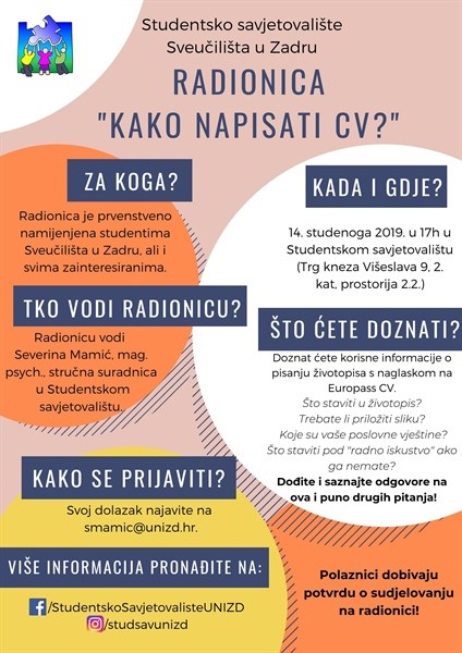 Radionica "Kako napisati CV?" - 14. studenoga 2019. godine
