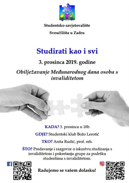Predavanje „Studirati kao i svi“ povodom obilježavanja Međunarodnog dana osoba s invaliditetetom
